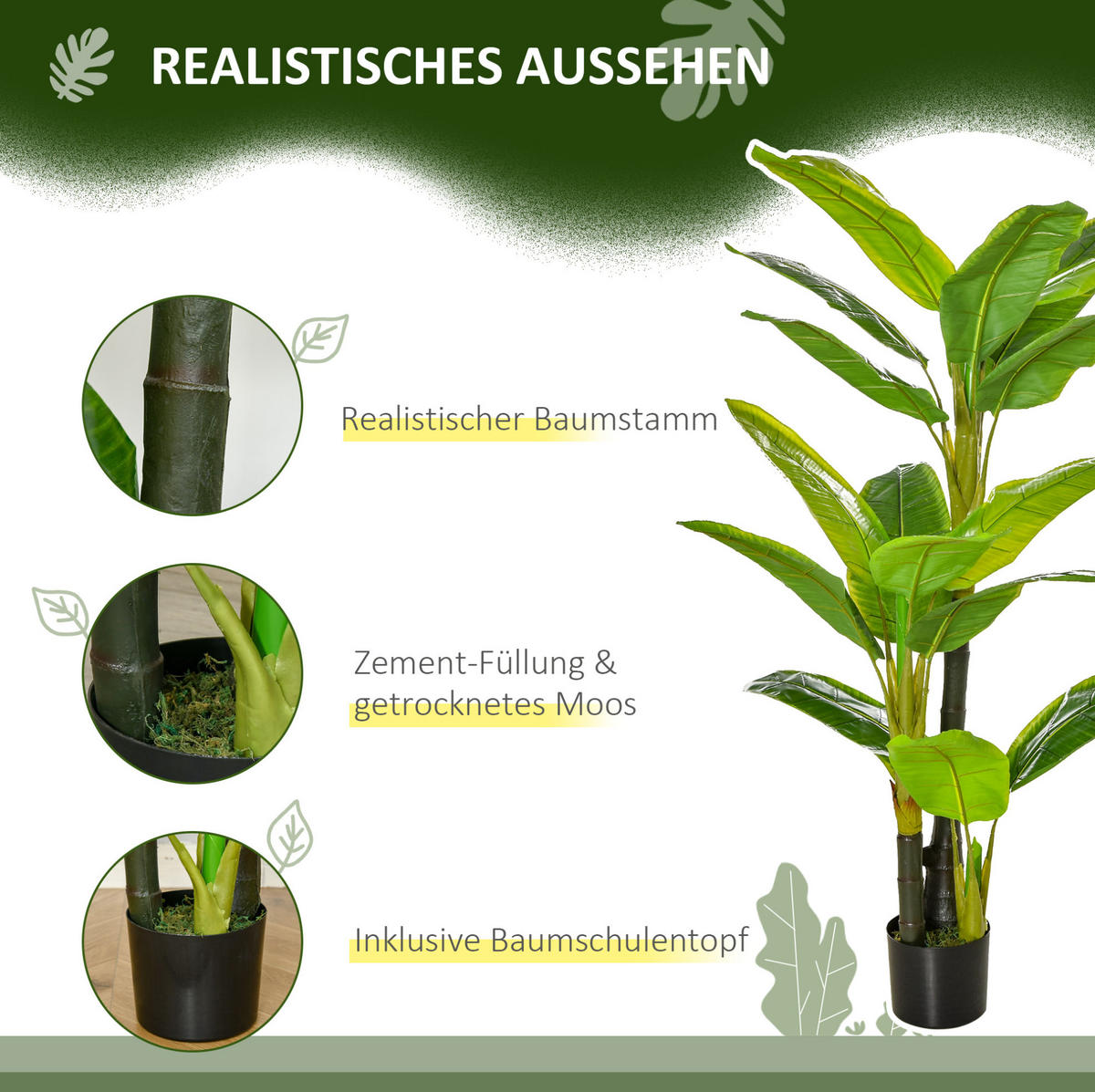 KUNSTPFLANZEN 17/17/150 cm grün aus Kunststoff und Zement, pflegeleicht - Grün, Stein (150cm) - OKWISH