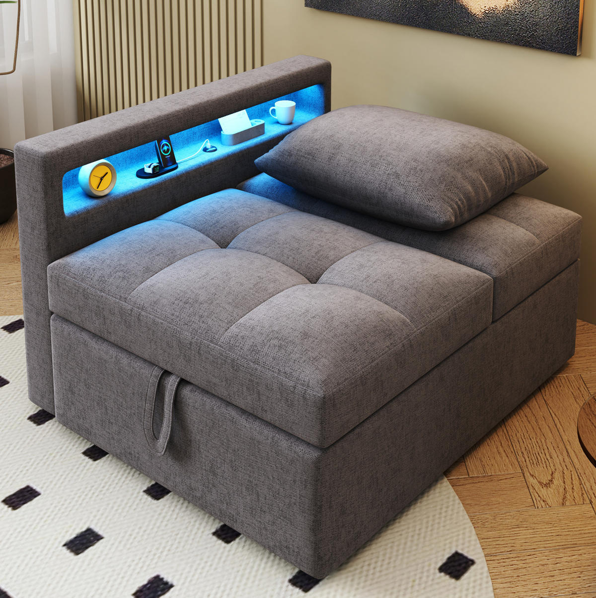 SCHLAFSOFA 3-in-1 Dunkelgrau mit verstellbarer Rückenlehne & USB-Anschlüssen 177/68/65 cm - Dunkelgrau, Leder (68/65/97cm) - OKWISH