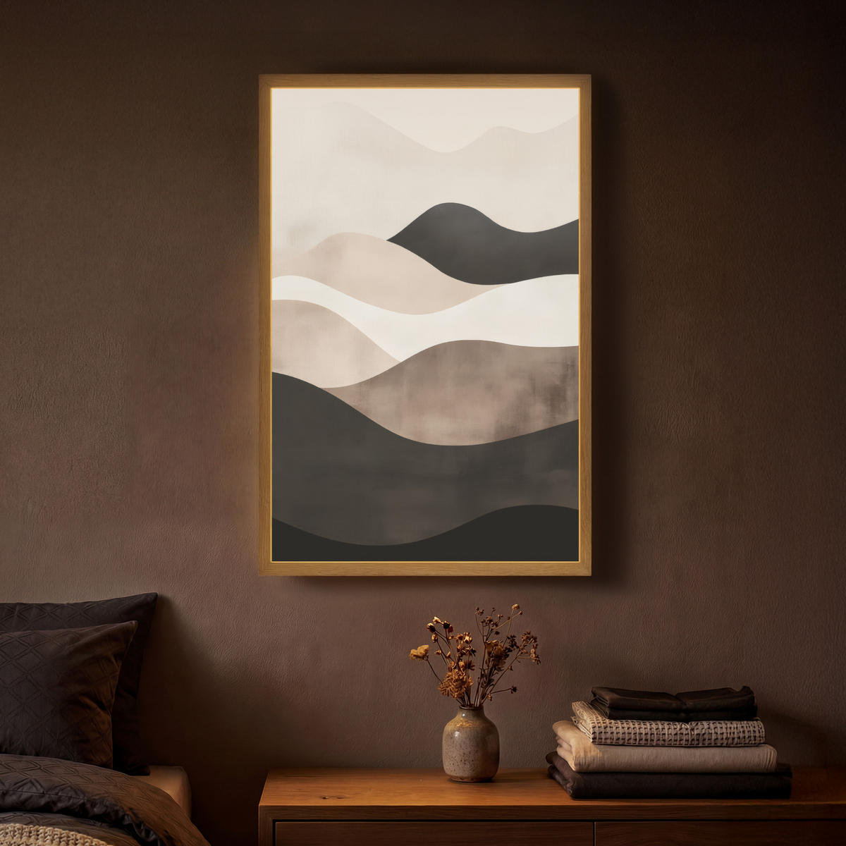 NÁSTĚNNÁ LAMPA S AKUMULÁTOREM Abstraktní - Krajina - Vlny - Krémová barva 40x60 cm - šedohnědá, kompozitní dřevo (40/60/8cm) - OnlyWow