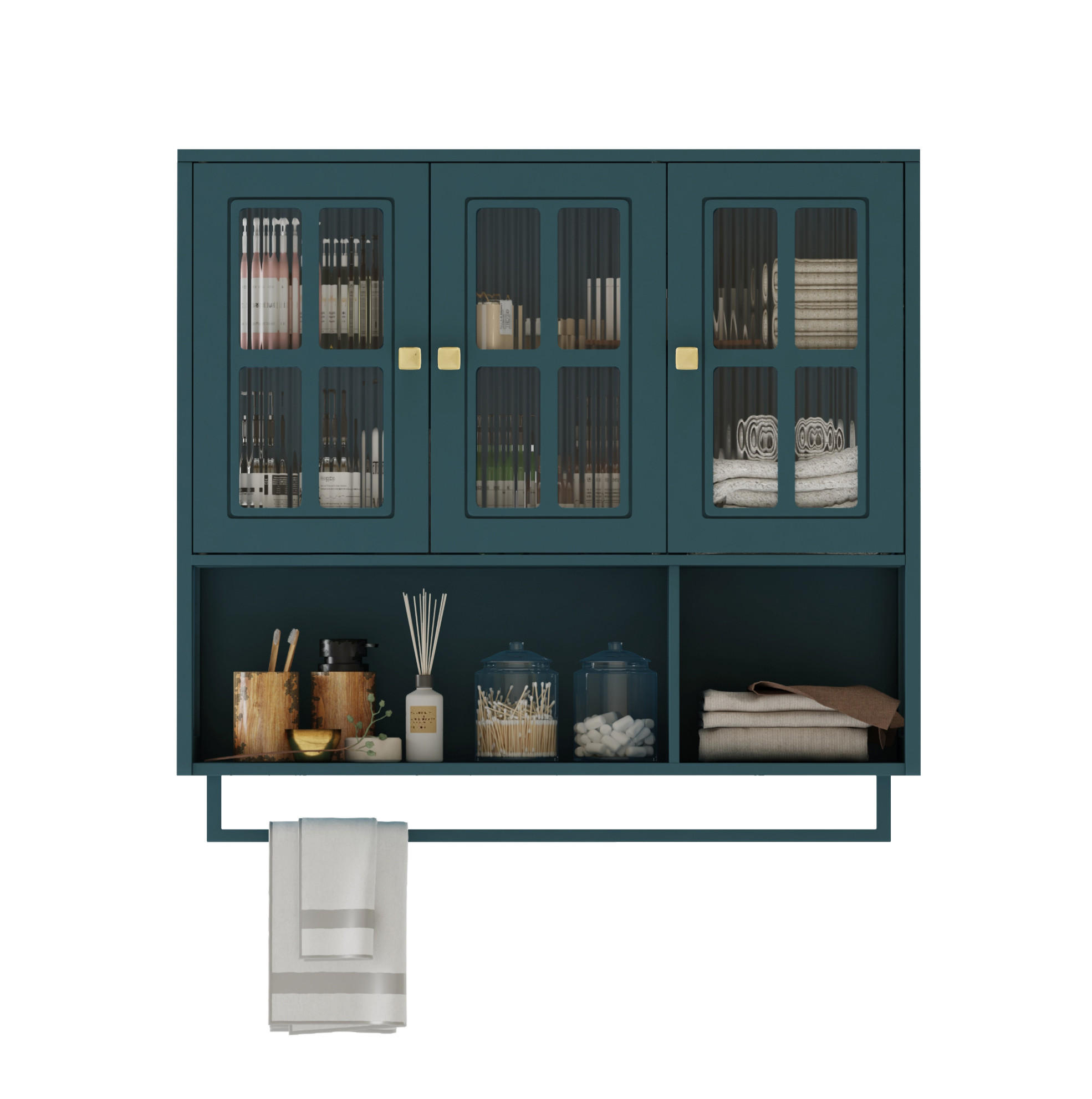KÜCHENOBERSCHRANK 88/26/82,5 cm mit Glasfront, 3 Türen und Handtuchhalter - Dunkelgrün, Holzwerkstoff (88/82.5/26cm) - BEAOK