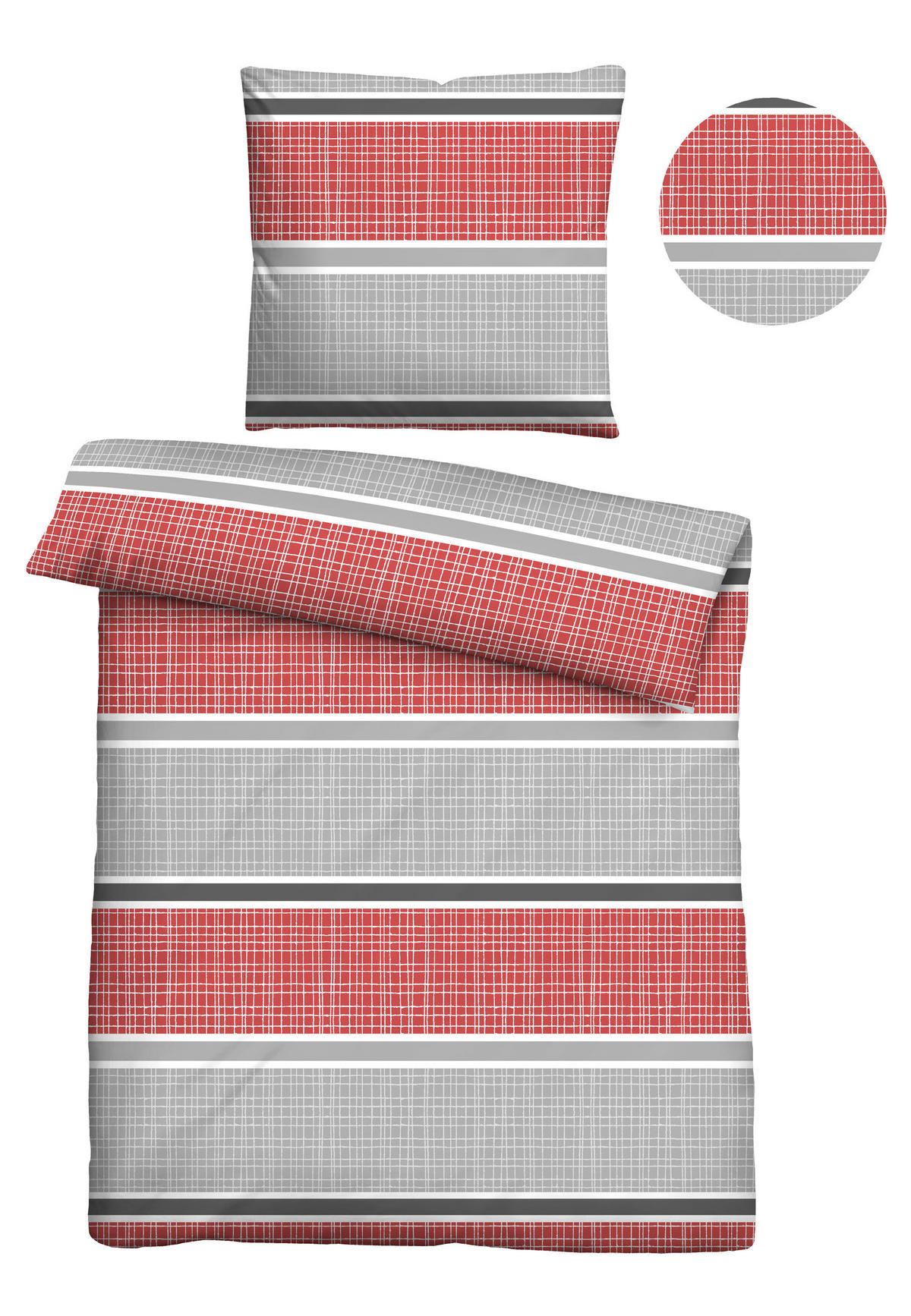 BETTWÄSCHE-GARNITUR Thermofleece Querbalken rubin, 155x220 cm + 80x80 cm - Dunkelrot, Textil (155/220cm) - Castell