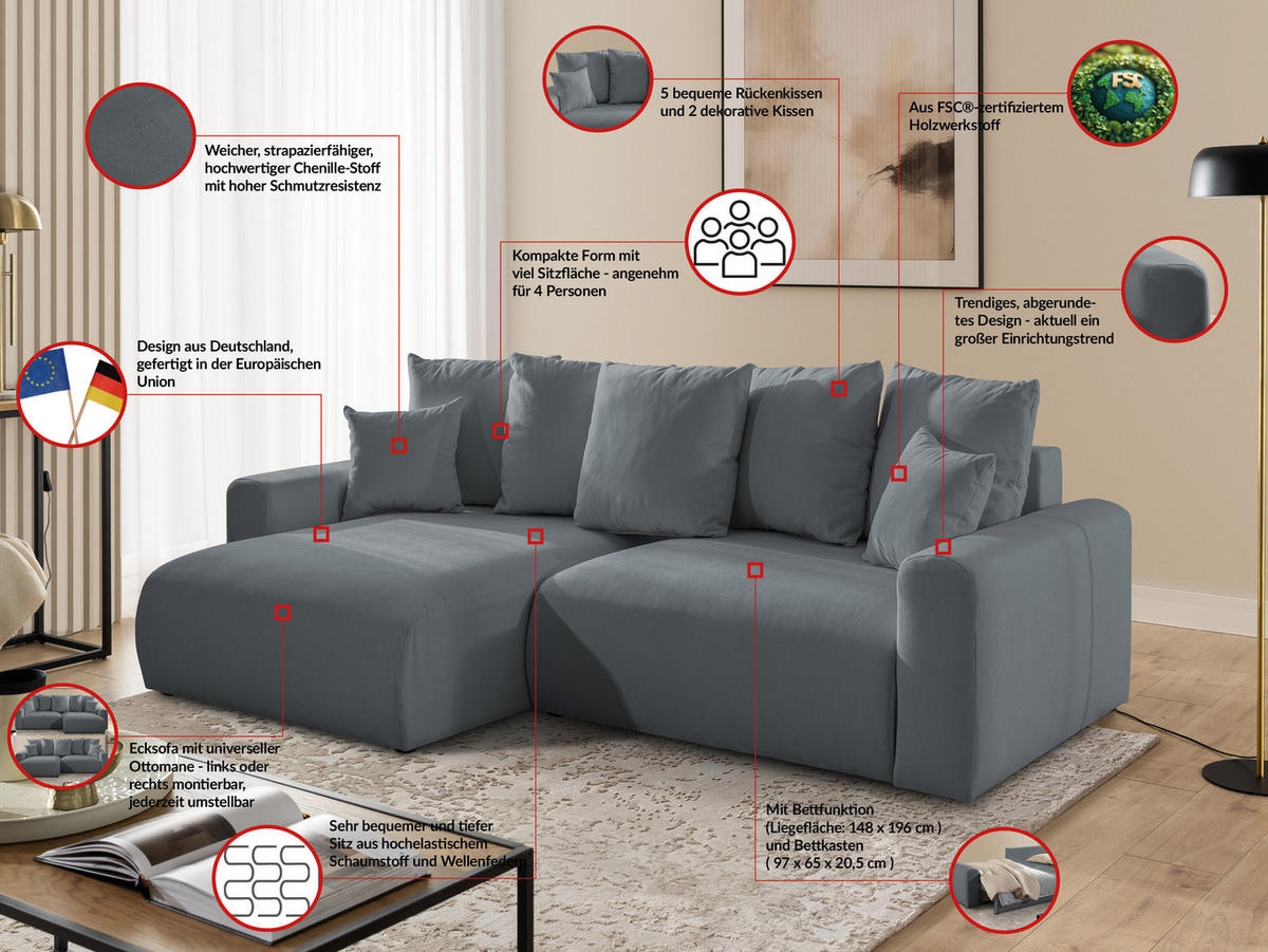 ECKSOFA Calma mit Schlaffunktion und Bettkasten im Bumpy-Design aus weichem Dunkelgrau Webstoff - Ottomane links - Dunkelgrau/Schwarz, Holz/Kunststoff (239/140cm) - S-Style