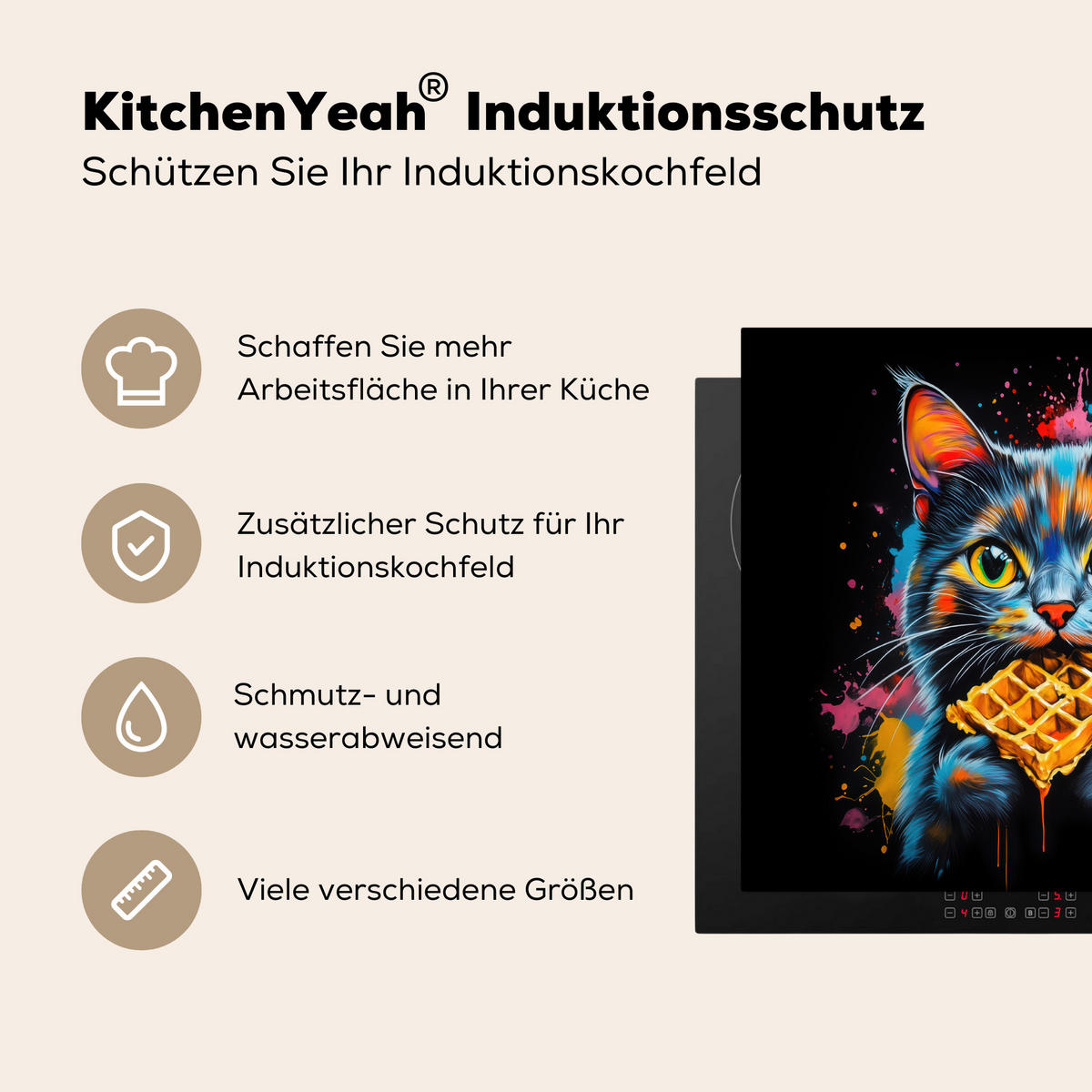 HERDABDECKPLATTE Katze - Graffiti - Bunt - Waffel - Essen Herdabdeckung Induktionsfeld 60x52 cm - Multicolor, Kunststoff (60/52/0.2cm) - MuchoWow