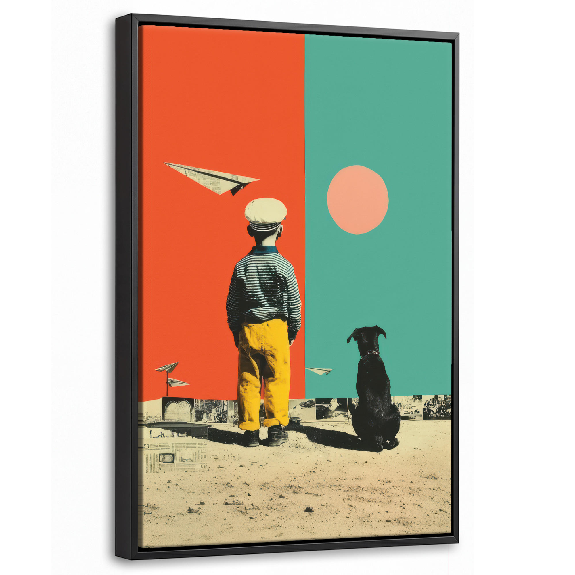 LEINWAND Bilder mit Rahmen - Retro - Junge - Hund - Rot - Grün - 20x30 - Orange, Textil (20/30cm) - MuchoWow