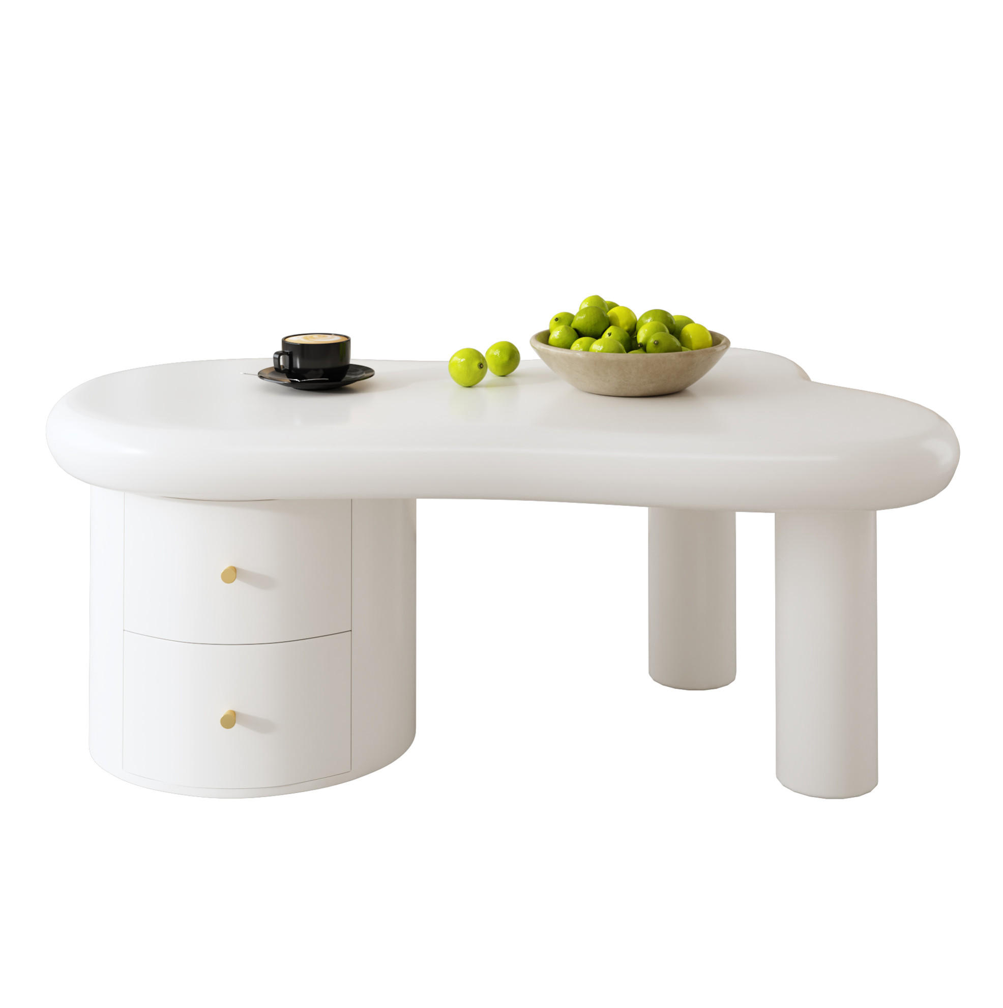Modfu KONFERENČNÍ stolek z MDF 97x42x64 cm bílý se 2 zásuvkami, zaoblenými hranami a organickým tvarem