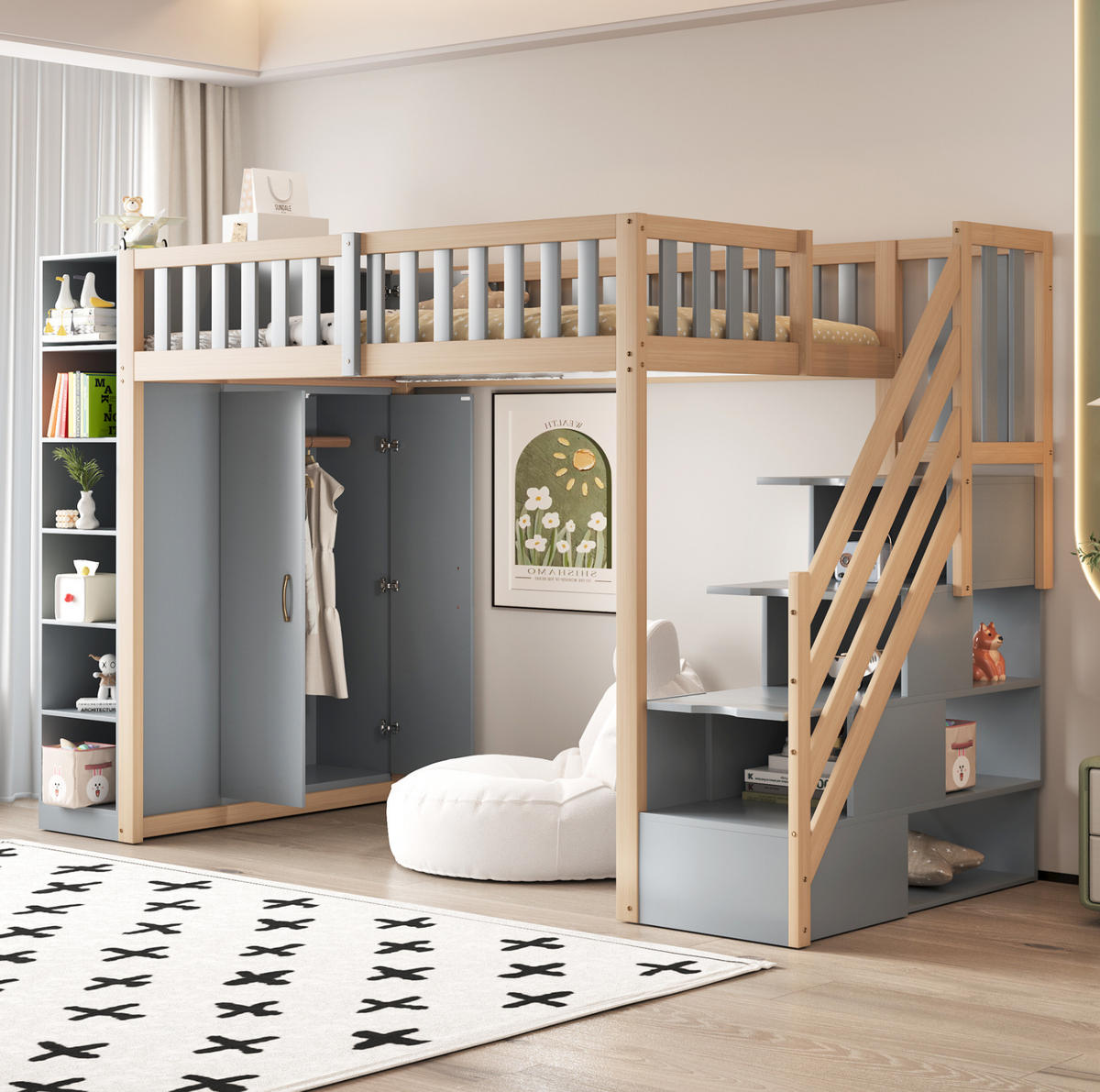 HOCHBETT 90/200 cm mit Kleiderschrank, Regalen und Stauraumleiter, Grau/Natur - Grau, Holzwerkstoff (90/200cm) - Redom