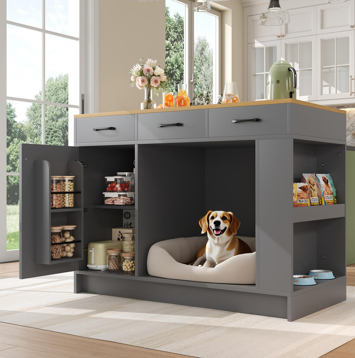 SERVIERWAGEN 120x46x85cm Grau mit Gewürzregal & verstellbaren Regalen - Grau, Holzwerkstoff (120/90/60cm) - Modfu