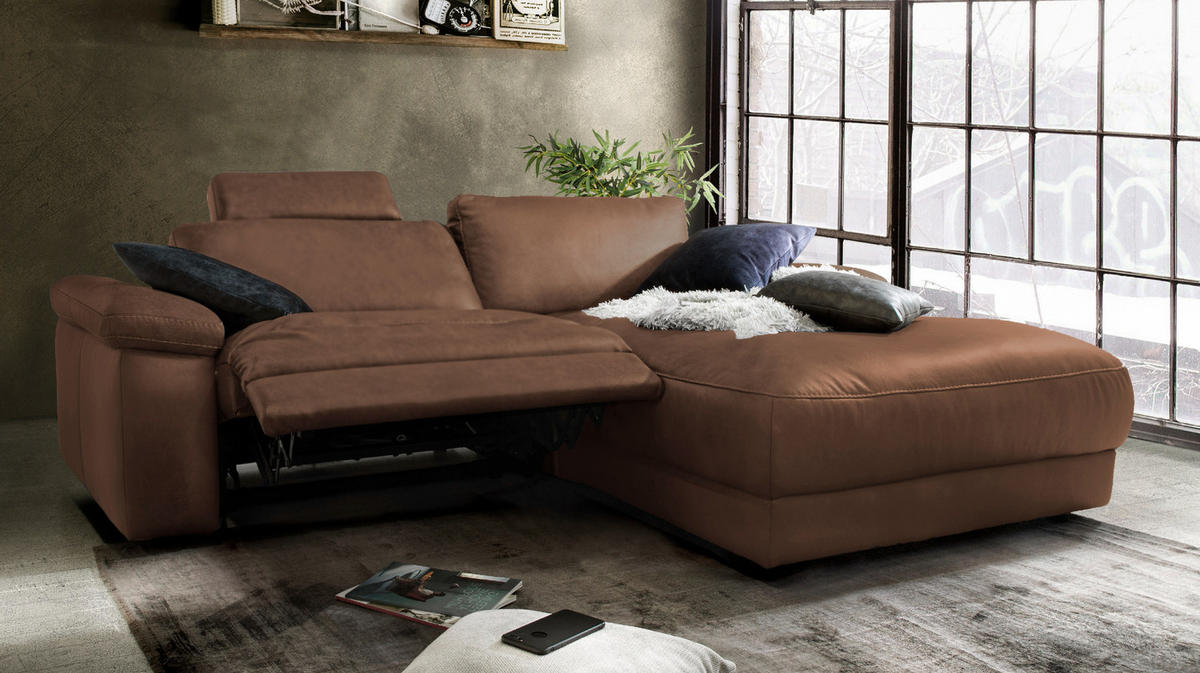 ECKSOFA MOTORISCH. RELAXFUNKTION LOLA Braun Leder - Dunkelbraun/Schwarz, Leder (233/178cm) - KAWOLA