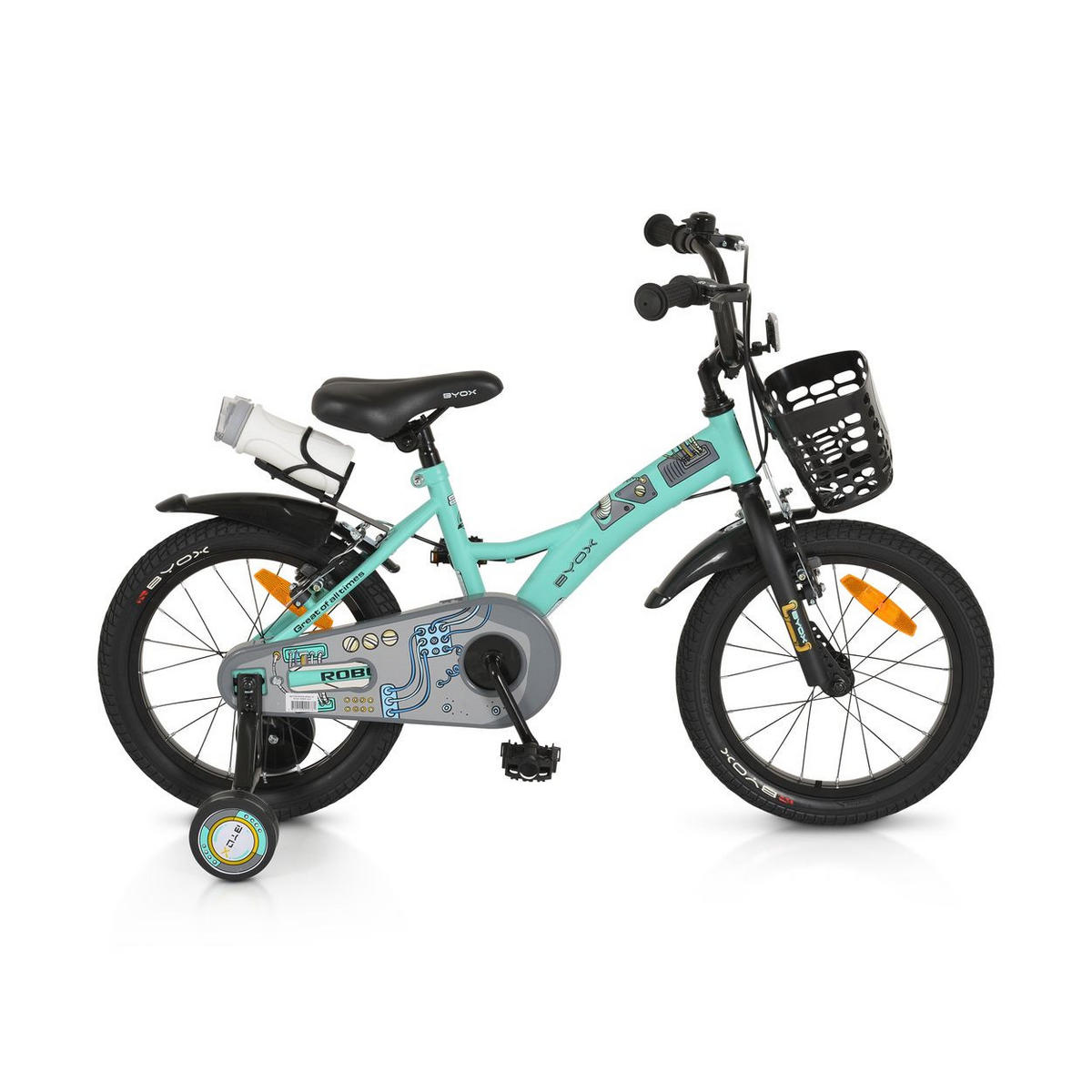 KINDERFAHRRAD Robo 16 Zoll grün Stützräder, Flasche, Klingel, Korb, Metallrahmen - Grün, Metall (76cm)