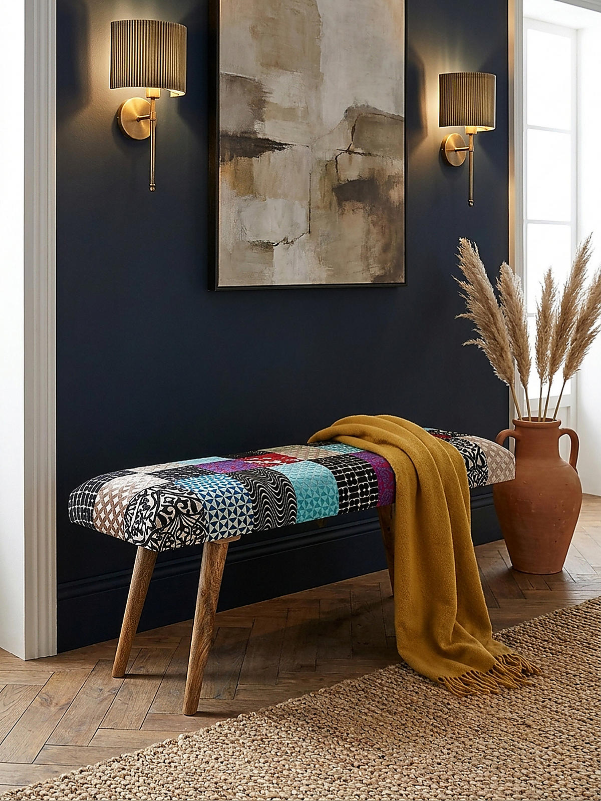 SITZBANK – Patchwork-Stoff, Massivholzbeine - Multicolor/Braun, Mangoholz/Textil (117/51/38cm) - KADIMA DESIGN