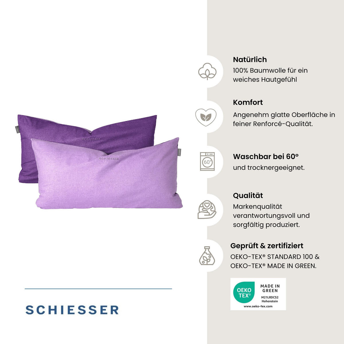 KISSENHÜLLENSET Doubleface Renforcé 2-teilig 40x80 cm Lila - Lila, Textil (40/80cm) - SCHIESSER