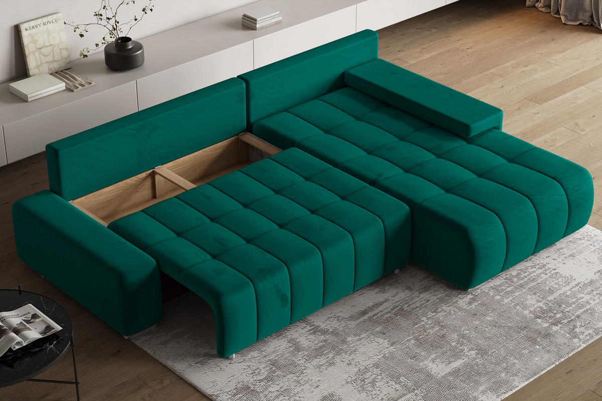 ECKSOFA ALESE R-S Grün Velours-Stoff mit Schlaffunktion - Grün, Holz (265/185cm) - MASSENO