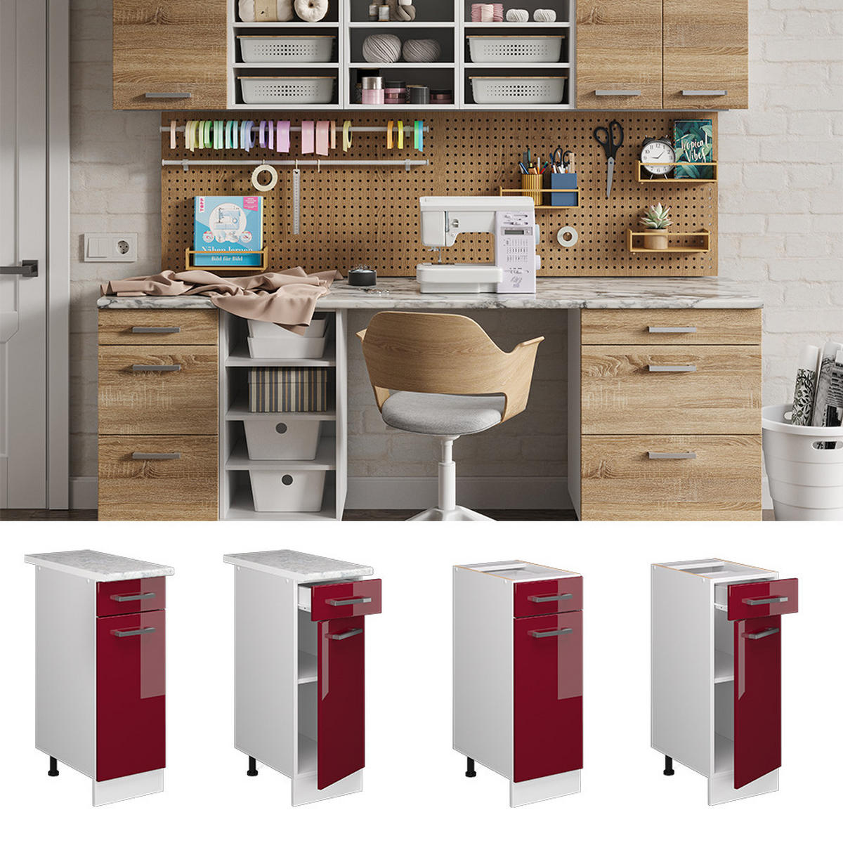 UNTERSCHRANK R-Line Bordeaux Hochglanz 30 cm mit Schublade mit Arbeitsplatte - Bordeaux/Weiß, Holzwerkstoff (30/81.6/60cm) - Vicco