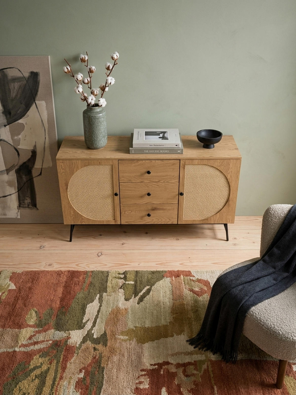 SIDEBOARD – Eiche-Dekor/Rattan, 140x80x40 cm, 2 Türen, 3 Schubladen, hoch - Schwarz/Braun, Holzwerkstoff/Metall (140/80/40cm) - KADIMA DESIGN