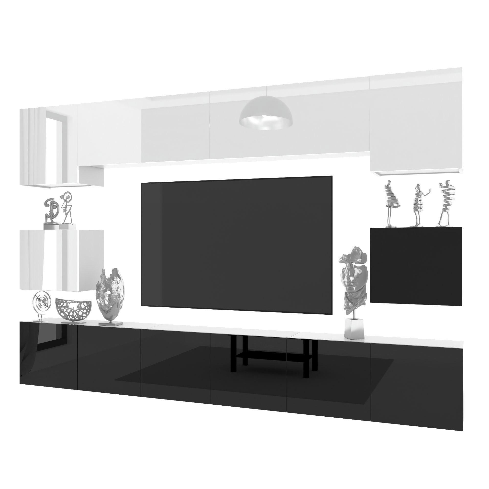 WOHNWAND Milano 3, Schwarz Hochglanz/Weiß Hochglanz, 300 cm, Grifflos - Weiß, Holz (300/60/36cm) - B BELINI GROUP