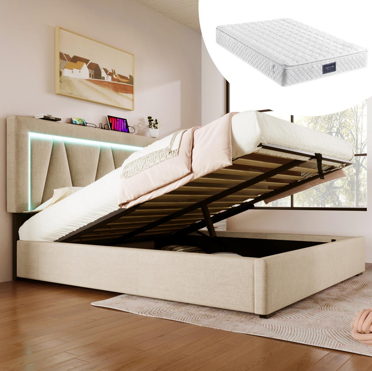 POLSTERBETT 140/200 cm Beige aus Leinen mit LED-Beleuchtung und USB-Ladefunktion - Beige, Textil (140/200cm) - OKMYHOME