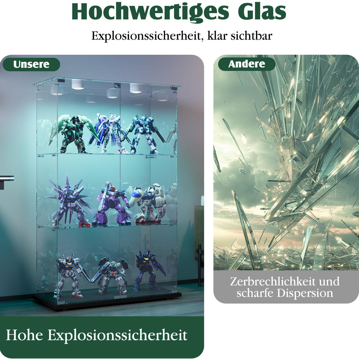 VITRINE Geräumig mit 3 verstellbaren Glasablagen - Schwarz, Glas (35/123.3/78.5cm) - SHOPENTRA