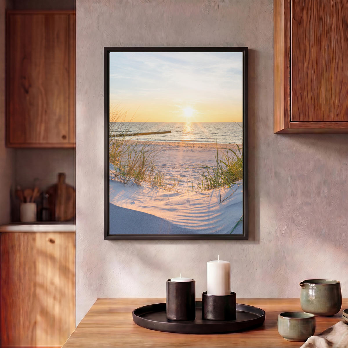 LEINWAND Bilder mit Rahmen - Strand - Sonne - Düne - Gras - Sand - Horizont - 30x40 - Hellblau, Textil (30/40cm) - MuchoWow