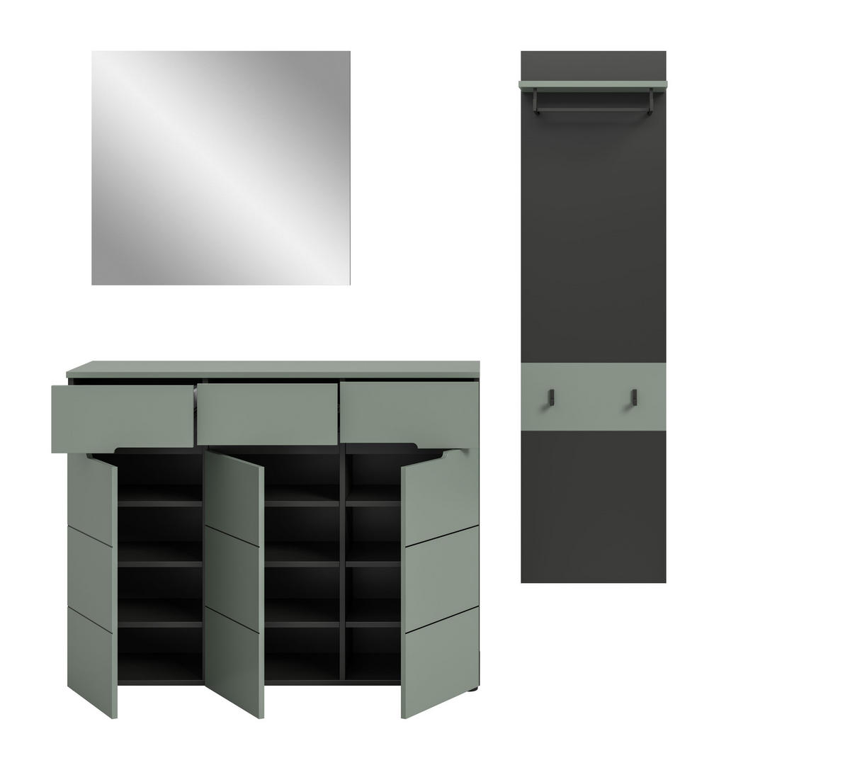 GARDEROBE Nova (B/H/T: ca. 180/190/37 cm) 3 tlg. in Basalt grau/Smoke Green - Grau, Holzwerkstoff (180/190/37cm)