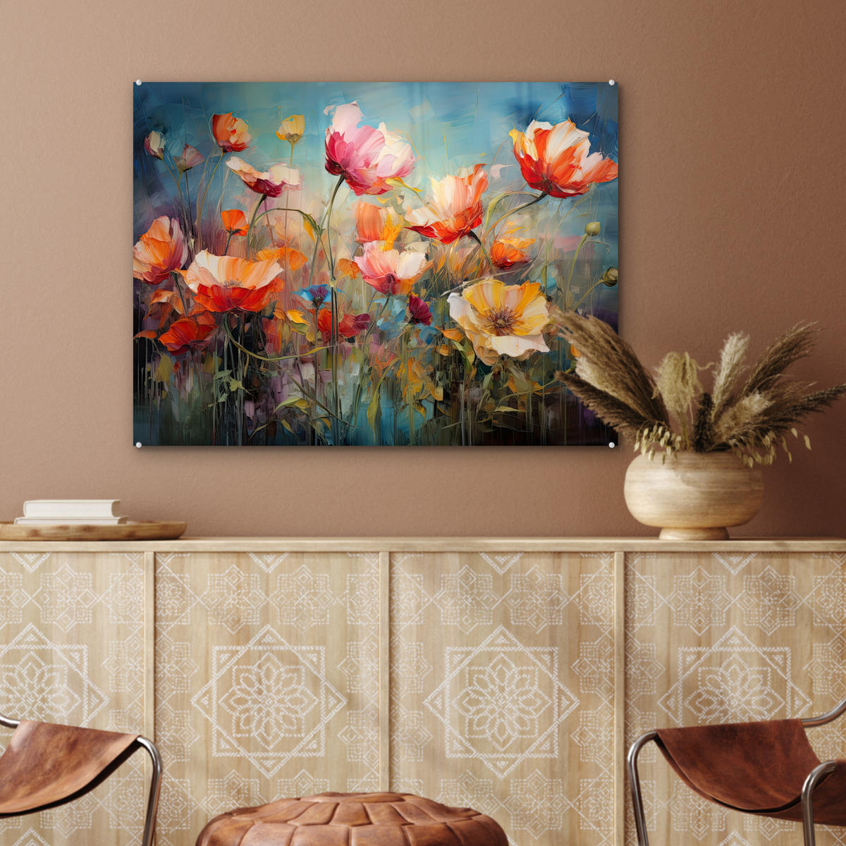 ACRYLGLASBILD Blumen - Aquarell - Kunst - Botanisch - Natur 80x60 cm - Orange, Glas (80/60cm) - MuchoWow