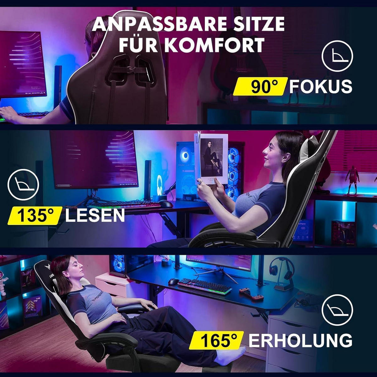 GAMING Stuhl mit Fußstütze weiß, Ergonomisch mit Lendenkissen und Kopfkissen, 150 kg Belastbarkeit - Multicolor, Kunststoff (47/132/47cm)