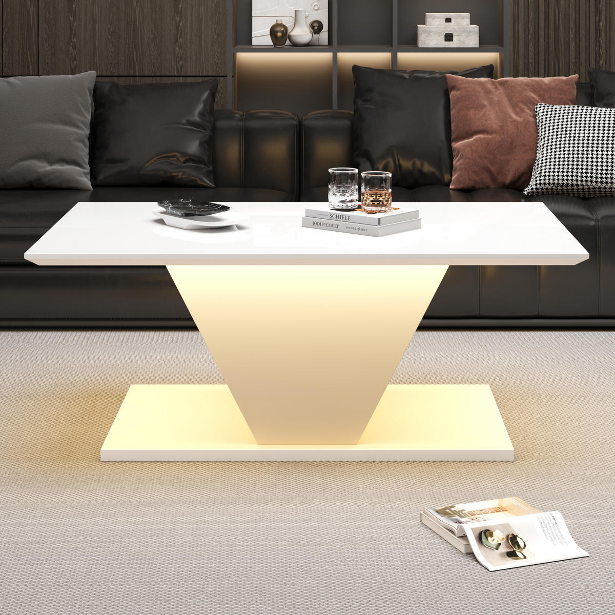 COUCHTISCH 100x50x46 cm V-Form mit LED, Hochglanz, Weiß für Kleine Räume - Weiß, Holzwerkstoff (100/50/46cm) - FLIEKS