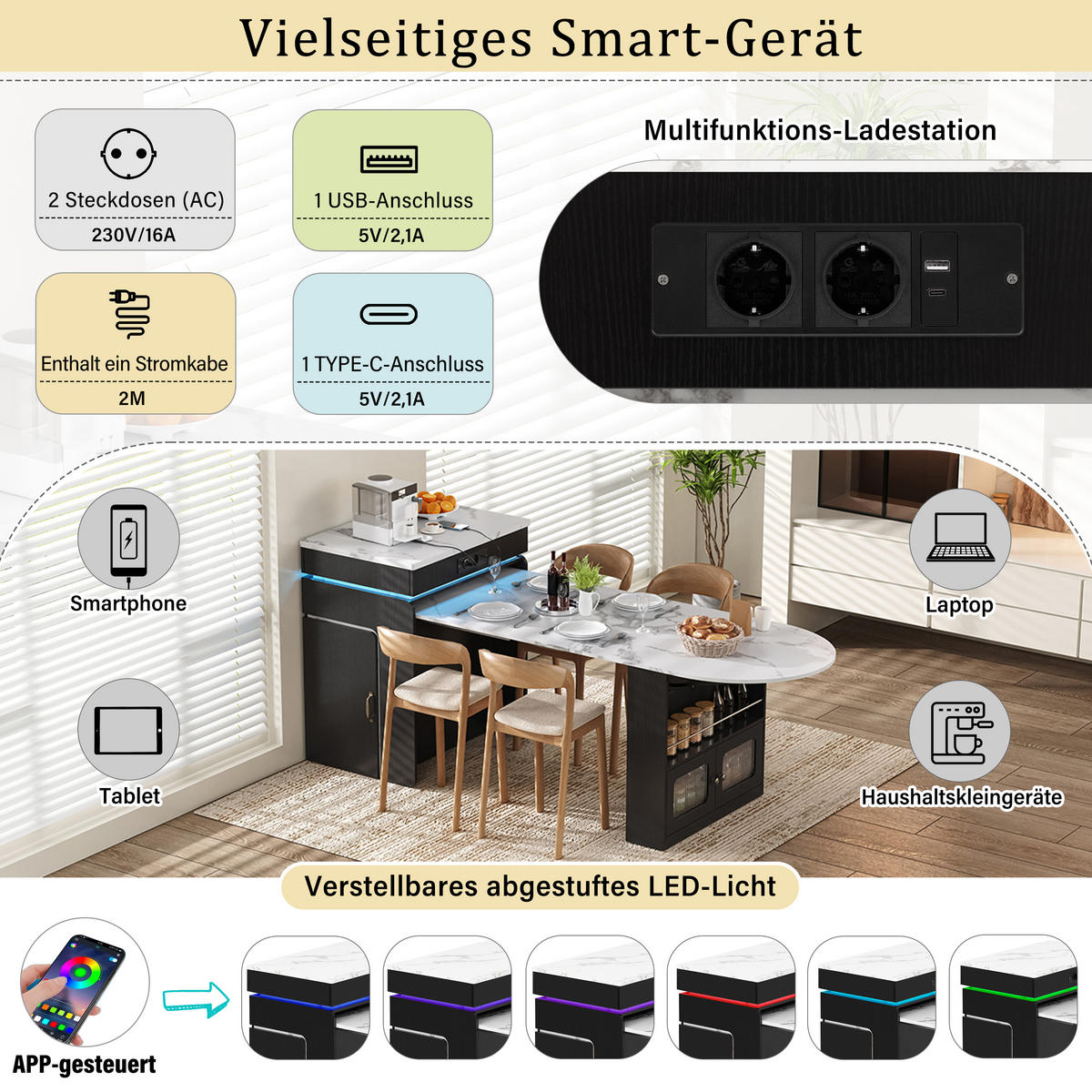KÜCHENINSEL ausziehbar 55-194/80/95,5 cm mit LED DE-39581 Schwarz - Schwarz, Holzwerkstoff (80/95.5/55cm) - ComfortXL