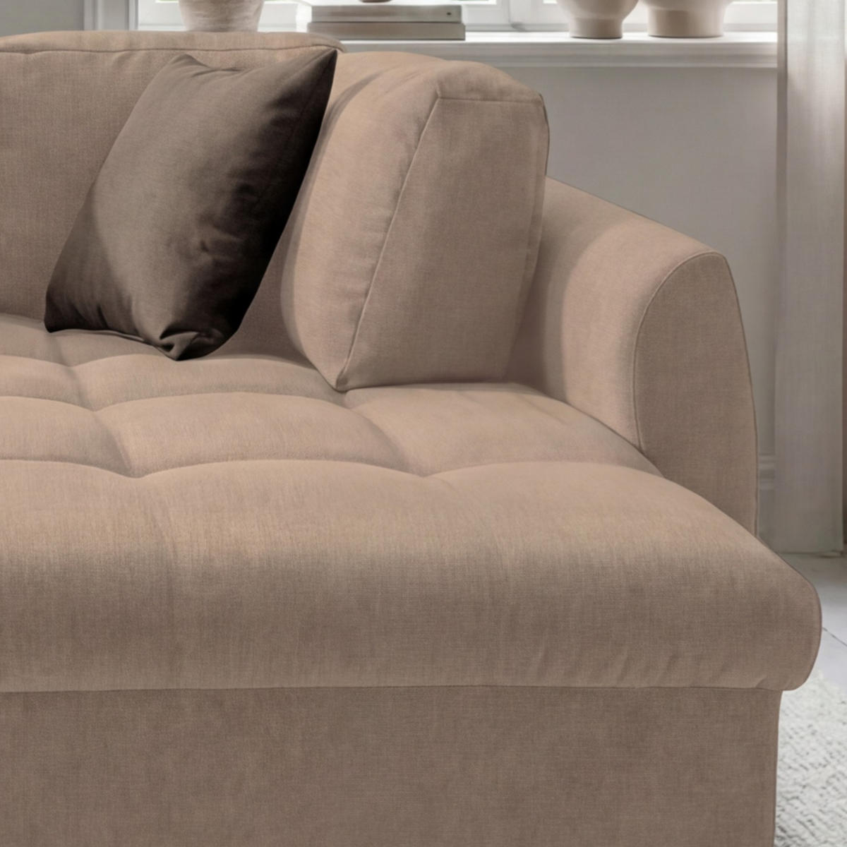 ECKSOFA mit Schlaffunktion, Wellenunterfederung, Ottomane rechts B250/T190/H84 cm, Liegefl. 179x190 cm, Mikrofaser Hellbraun / 17011 - Hellbraun/Chromfarben, Textil/Metall (250/190cm) - luma-home