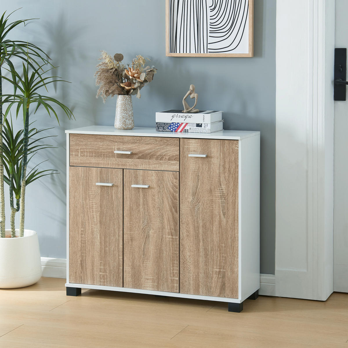 SIDEBOARD Bobeck - Eichefarben/Weiß, Holzwerkstoff (80/72/28cm) - [en.casa]
