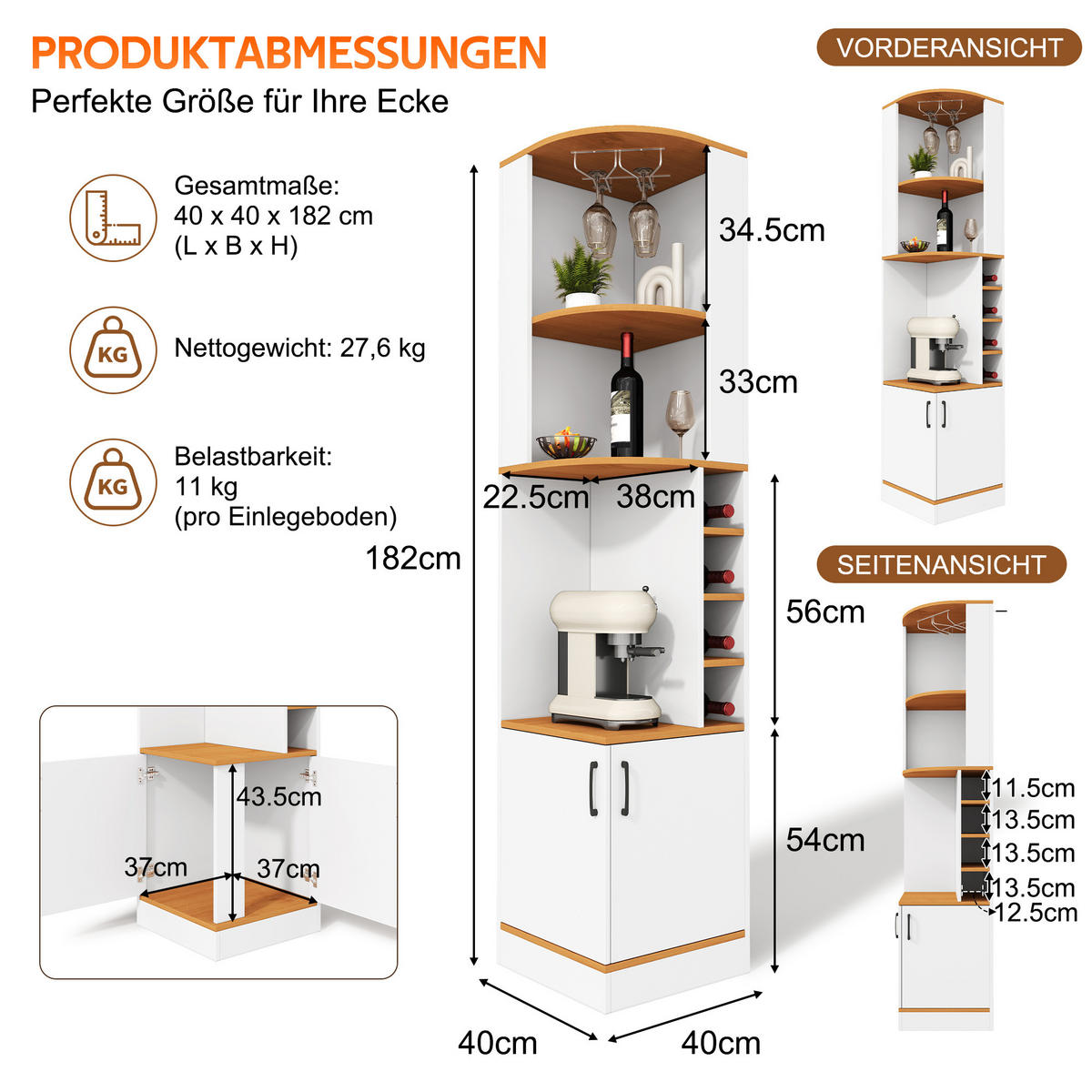 HIGHBOARD DE-38705 40/40/182 cm Weinglasregal und 4 Weinfächer Weiß - Weiß, Holzwerkstoff (40/182/40cm) - ComfortXL