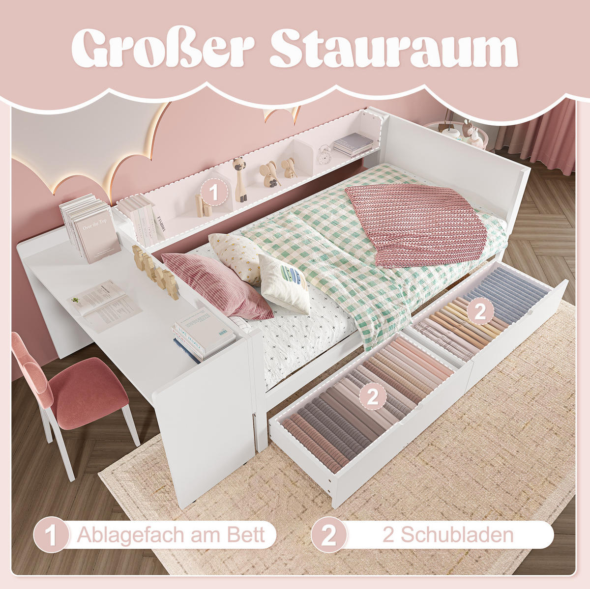 KINDERBETT 90/200 cm mit Schreibtisch, 2 Schubladen und Regalen aus Kiefern , Weiß - Weiß, Holzwerkstoff (90/200cm) - Redom