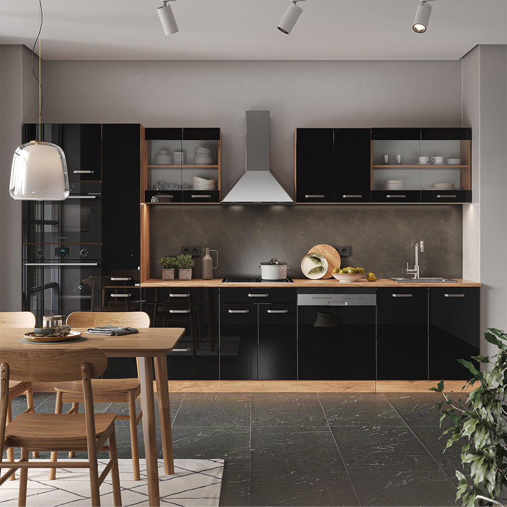 KÜCHENZEILE R-Line Schwarz Hochglanz/Goldkraft Eiche 350 cm AP Anthrazit - Schwarz Hochglanz/Eiche Wotan, Holzwerkstoff (350/81.6/60cm) - Vicco