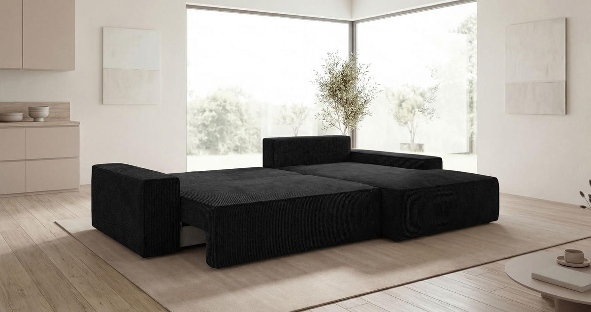 ECKSOFA VERONA rechts schwarz Cord Poso 135 - Schlaffunktion, Bettkasten - Schwarz, Textil (280/184cm) - Cornero
