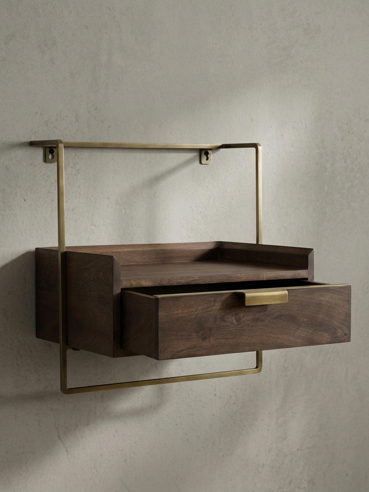 NACHTTISCH Mango Massivholz Wandmontage Schublade Boxspringbett, Braun 44x35x45 cm - Goldfarben/Braun, Holz/Metall (44/45/35cm) - KADIMA DESIGN