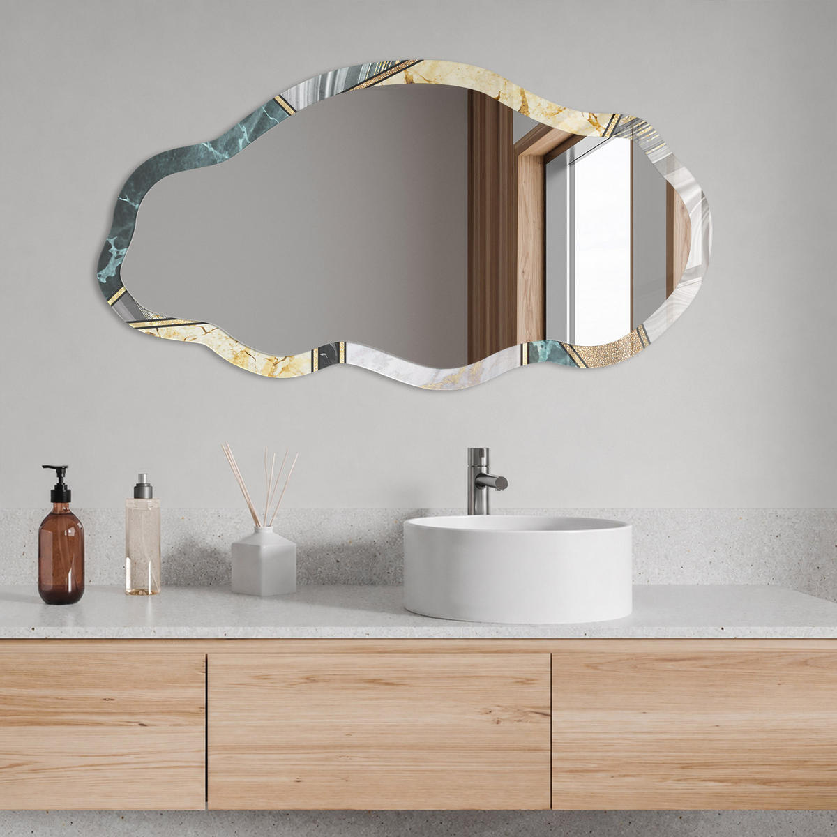 SPIEGEL 90x45 cm asymmetrisch mit Druck - Geometrisches Mosaik - Transparent, Glas (45/90/0.4cm) - TULUP