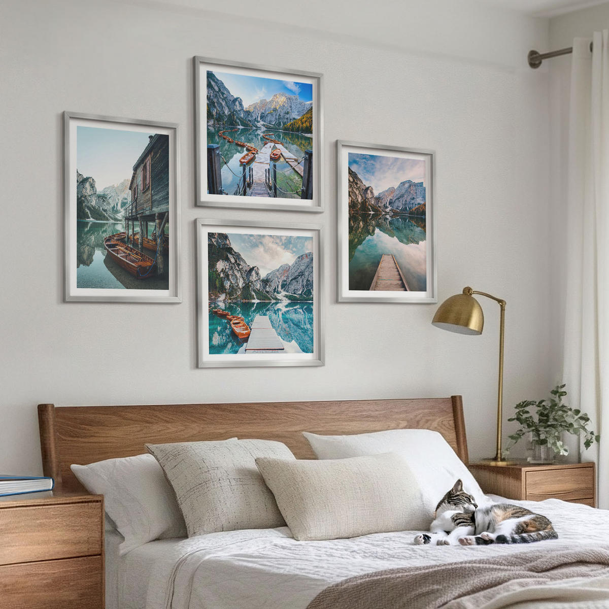 BILDER SET 4er Set - 50x50 cm & 40x60 cm Silberner Rahmen - See Berge Holzboote - Silberfarben, Kunststoff (50/50cm) - TULUP