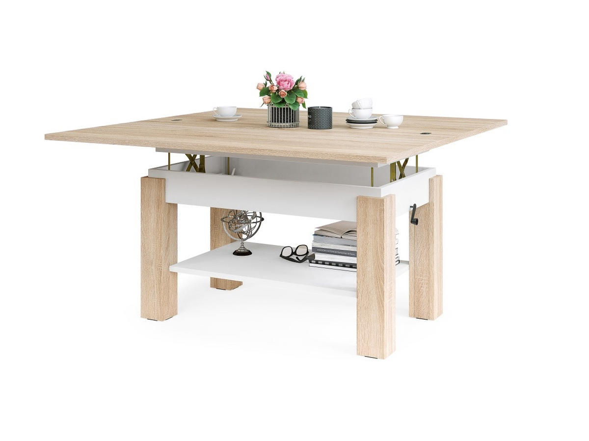 COUCHTISCH rechteckig Sonoma Eiche - Weiß ausziehbar höhenverstellbar - Weiß/Sonoma Eiche, Holzwerkstoff (65/130/60cm) - designimpex