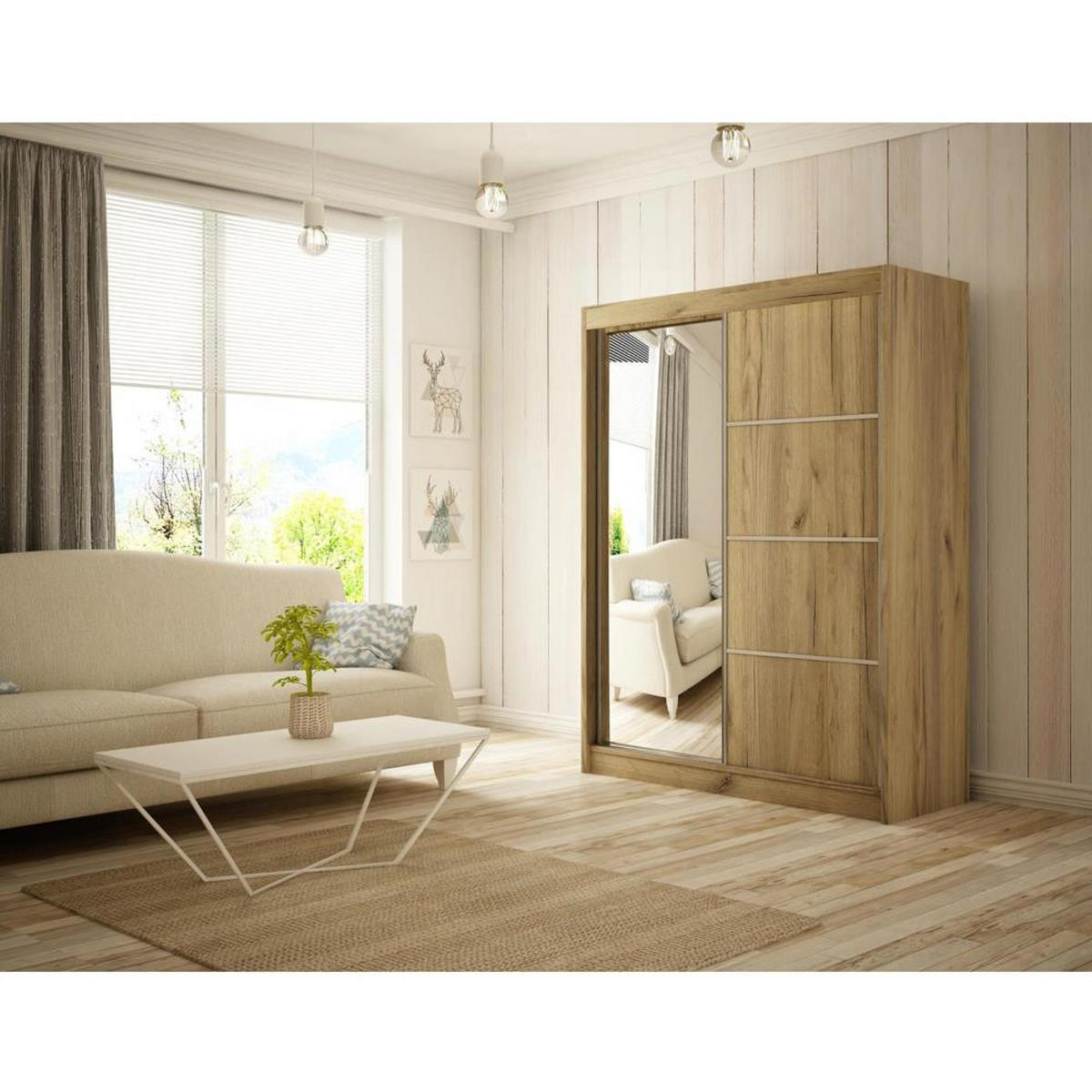 SCHWEBETÜRENSCHRANK Paco 150/215/61 2-türig eiche Craft Gold mit Spiegel - Eichefarben, Holzwerkstoff (150/215/61cm) - Beautysofa