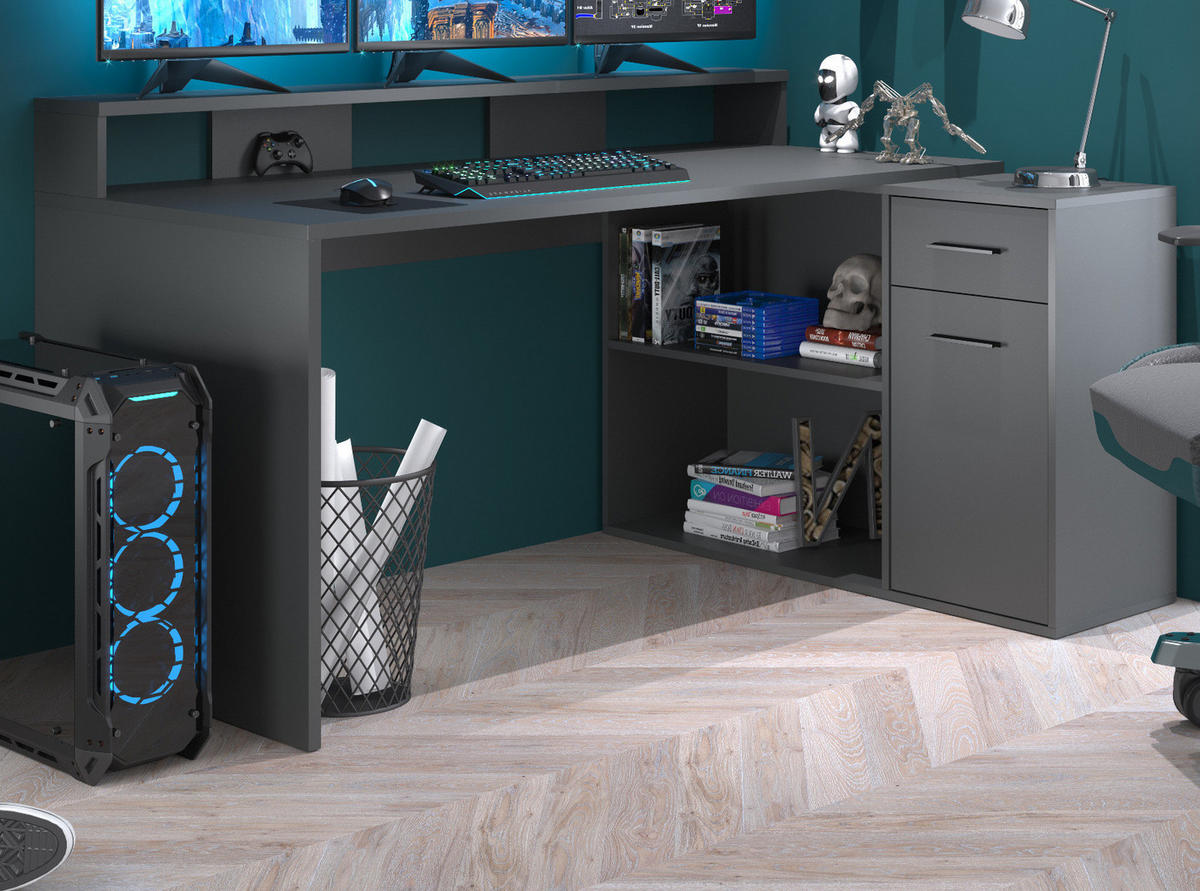 SCHREIBTISCH dunkelgrau / anthrazit 160 - 200 x 92 cm, Eckschreibtisch mit Stauraum - Dunkelgrau/Anthrazit, Holzwerkstoff/Kunststoff (115/160/92cm) - Top.Furn