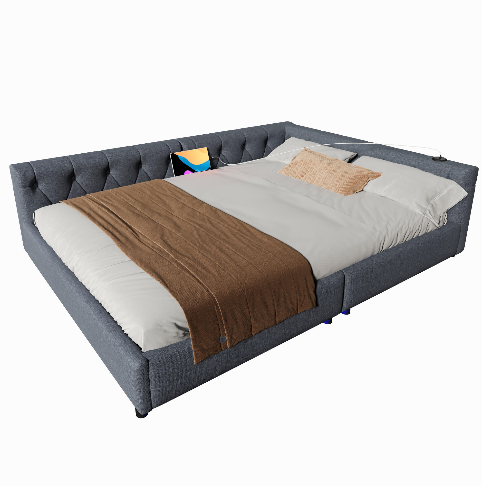 POLSTERBETT aus Leinen und MDF 140x200 cm Grau mit LED-Beleuchtung, USB- und Type-C-Anschluss, Knopfheftung - Grau, Textil (140/200cm) - Modfu