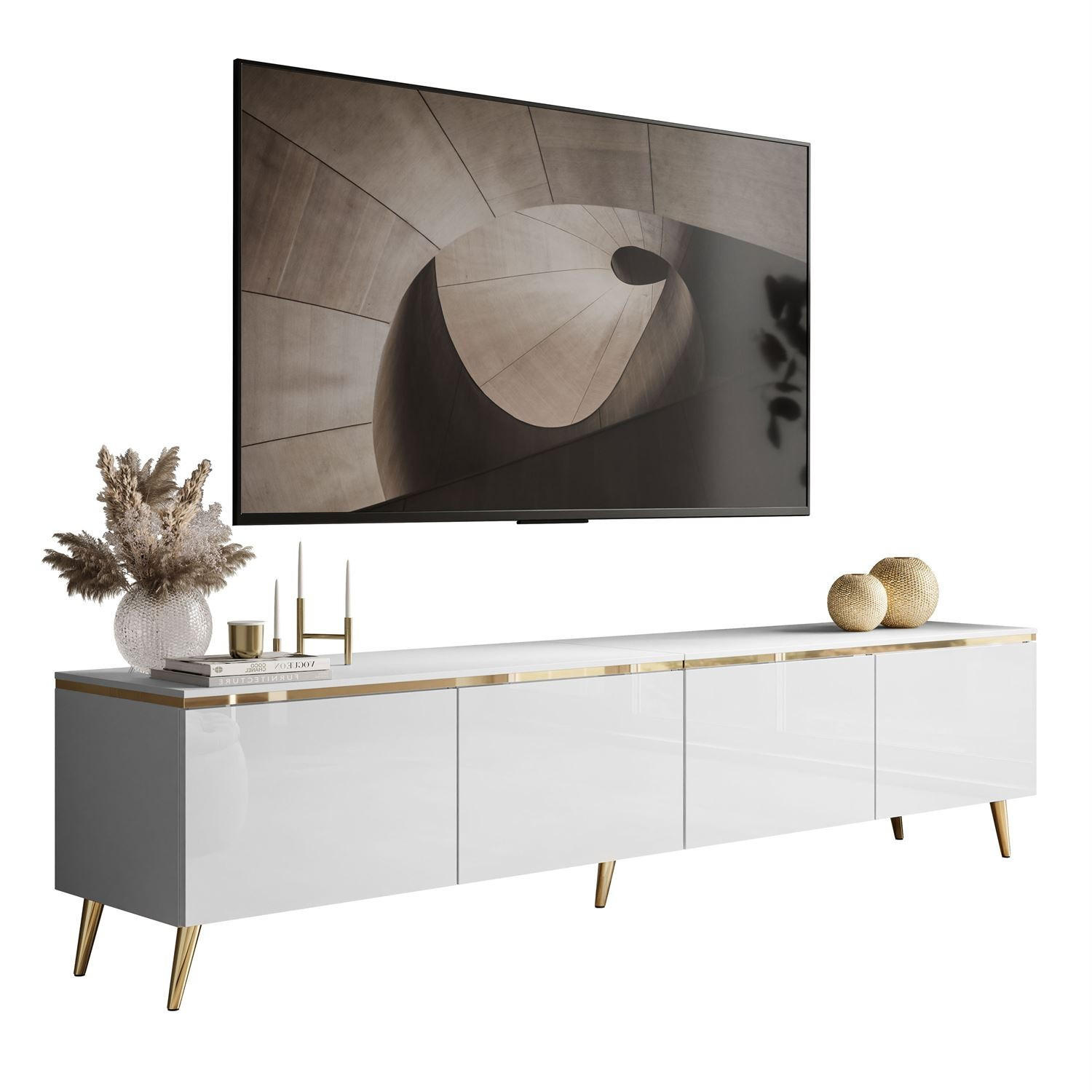TV-RACK CELINE GLOSS 200 cm auf schräge goldenen Füßen - Weiß, Holzwerkstoff (200/48/40cm) - Lookway