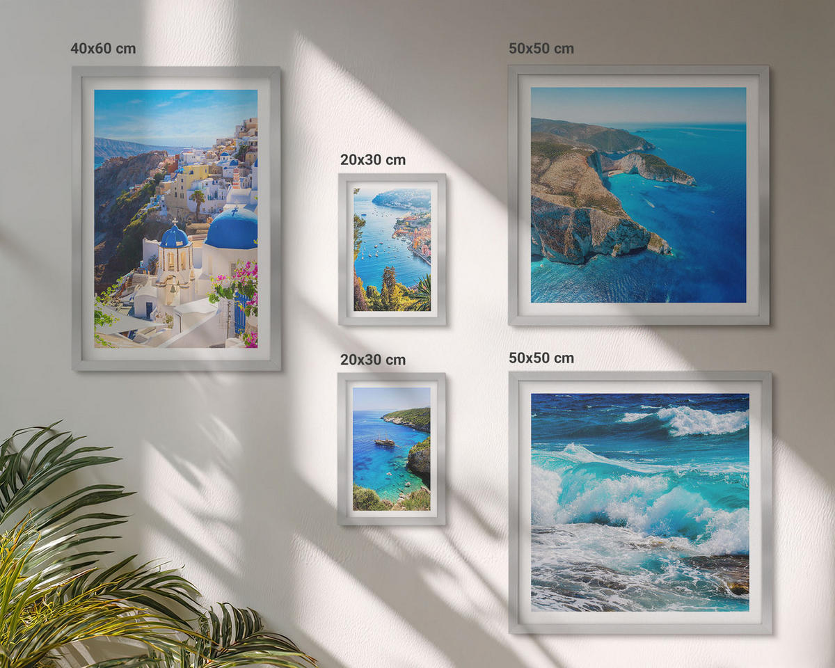 BILDER SET 5er Set - 50x50 cm & 20x30 cm & 40x60 cm Silberner Rahmen - Griechische Ansichten von Santorin Oia - Silberfarben, Kunststoff (40/60cm) - TULUP