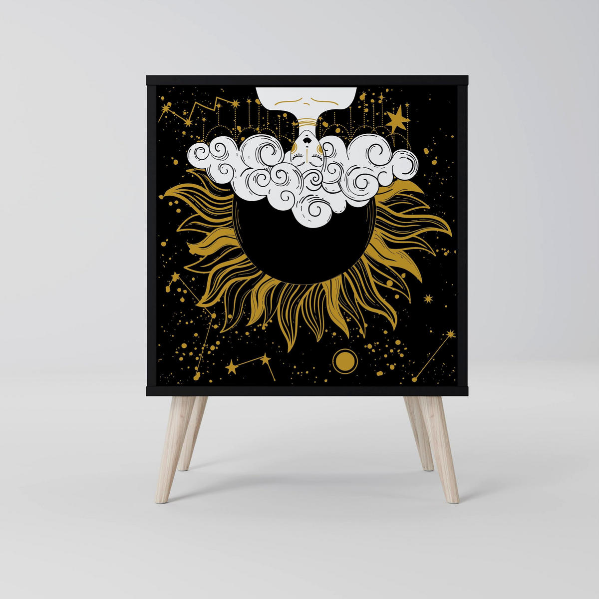 SIDEBOARD STELLAR CONSTELLATIONS, Schwarz, 57,5x42x75,5 cm, Goldfarbene Metallfüße - Goldfarben/Multicolor, Holzwerkstoff/Metall (57.5/75.5/42cm) - SpaceRebels
