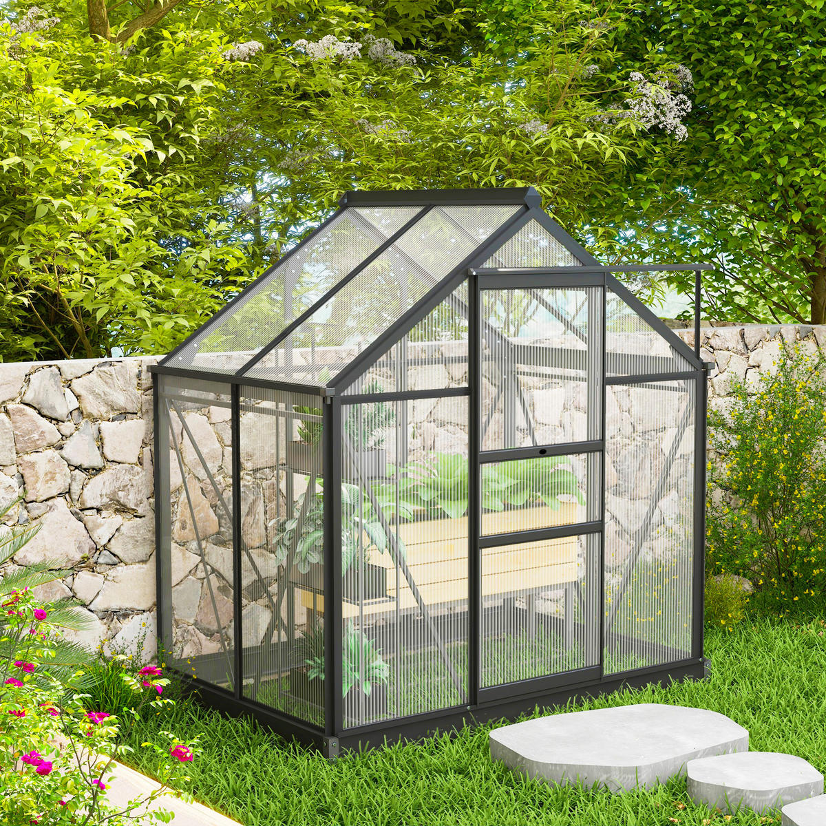 GEWÄCHSHAUS mit Dachfenster mit Tür mit Fundament, Alu+Polycarbonat, Grau+Transparent - Transparent/Grau, Kunststoff/Metall (132/201/190cm) - Outsunny