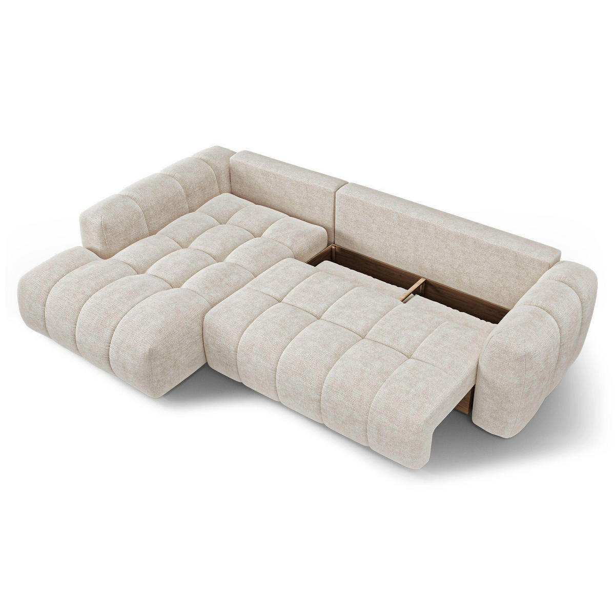LINKSECK-SCHLAFSOFA mit Stauraum SKY Geprägter Samt Creme 310cm - Creme, Textil (310/180cm) - Premium Interiors