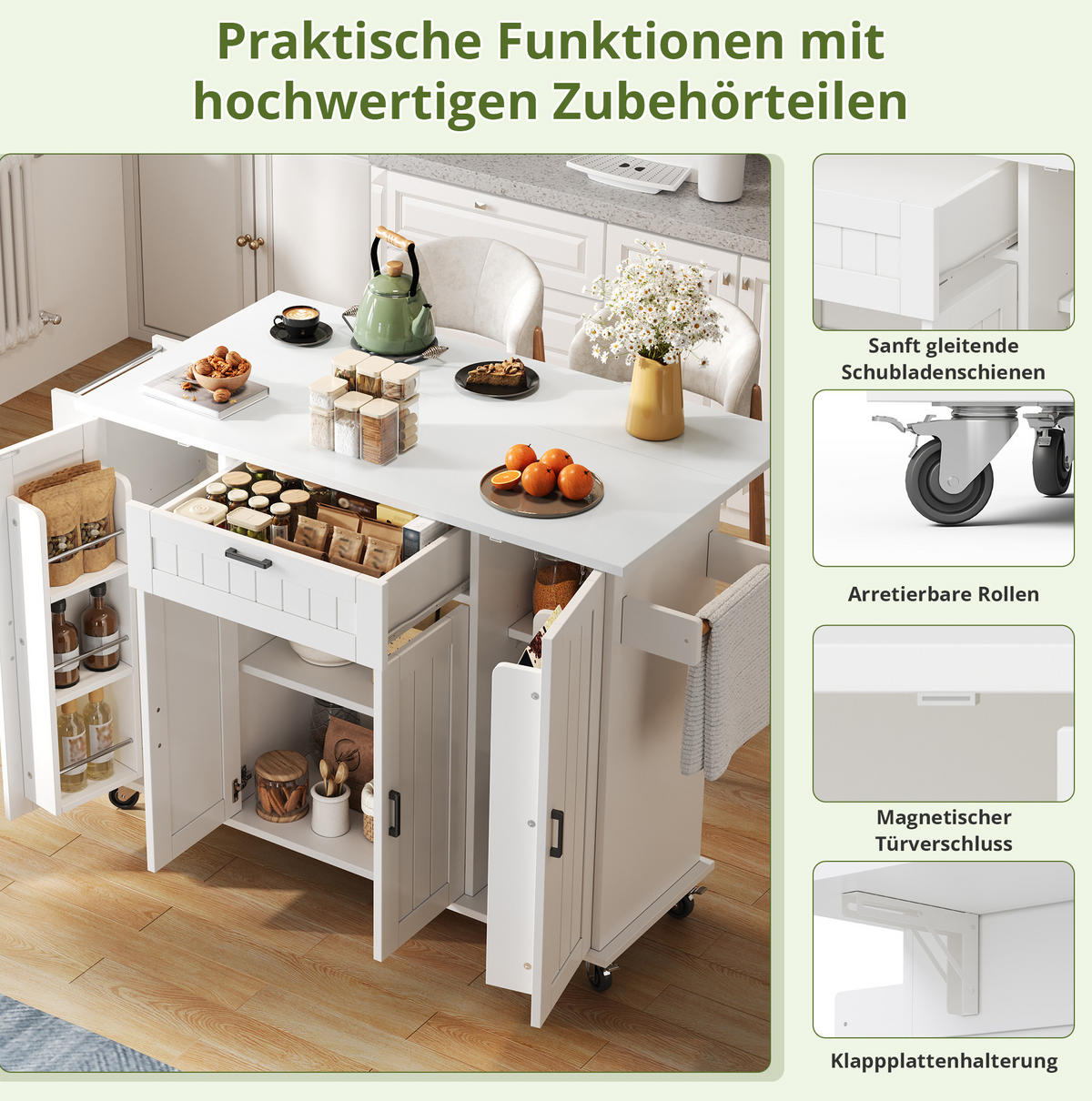 KÜCHENINSEL 120/45(70)/95 cm weiß mit klappbarer Platte - Weiß, Holzwerkstoff (120/95/70cm) - OKWISH