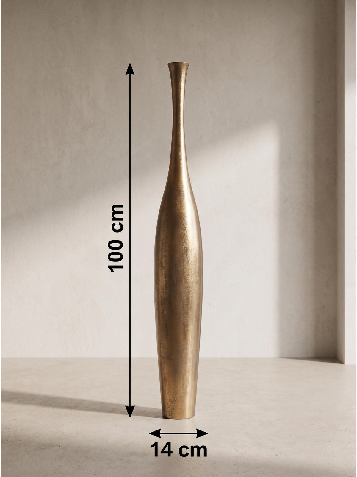 BODENVASE EBRO, Aluminium, handgefertigt, Gold, Ø 14 x 100 cm - Goldfarben, Metall (100cm) - KADIMA DESIGN
