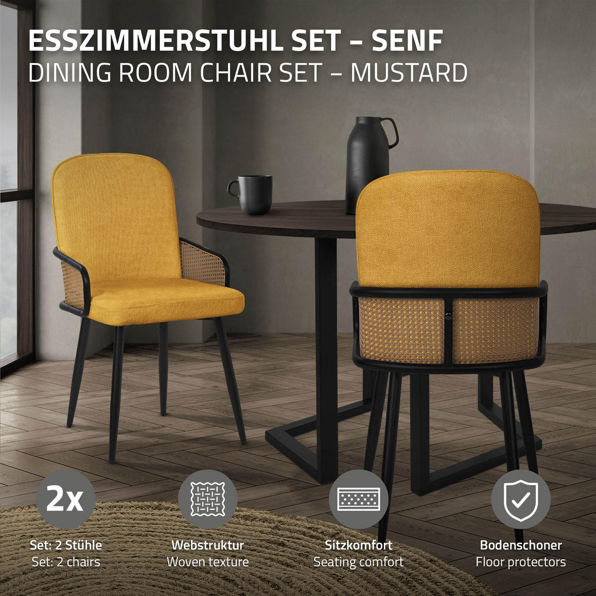 JÍDELNÍ ŽIDLE, sada 6 ks, hořčičná, s látkovým potahem, ratanový vzhled - černá/žlutá, kov/textil (51/91/61cm) - ML-DESIGN