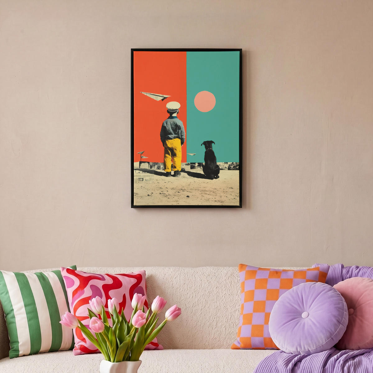 LEINWAND Bilder mit Rahmen - Retro - Junge - Hund - Rot - Grün - 40x60 - Orange, Textil (40/60cm) - MuchoWow