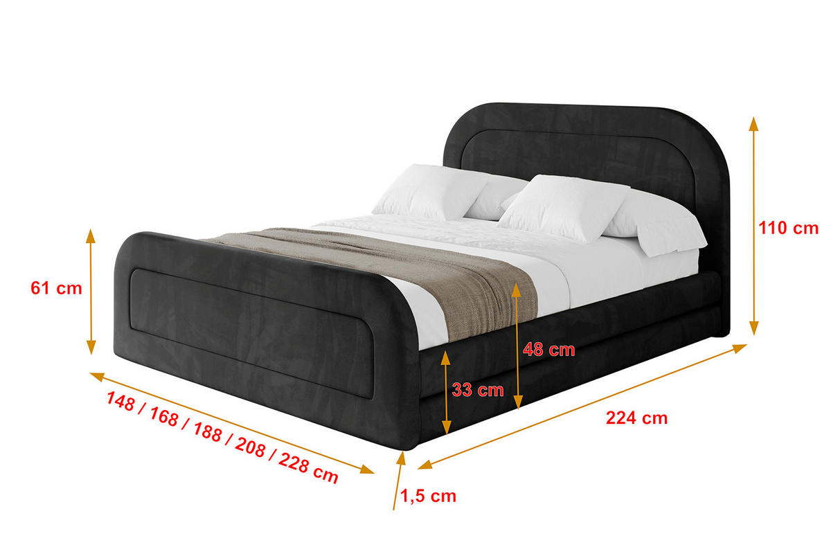 POLSTERBETT mit Bettkasten, Fußteil und Lattenrost, Boxbett mit Matratze H3/H4 - LERIS-Z 180x200 Schwarz - Schwarz, Holzwerkstoff/Textil (180/200cm) - ALTDECOR